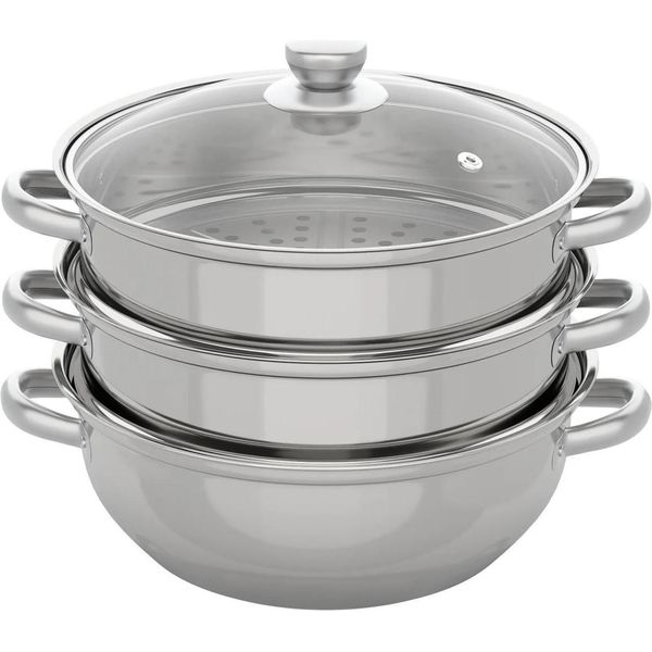 Vaporiera In Acciaio Inossidabile - Pentola A Pressione 28 Cm - 3 Livelli - Grande Capacità - Con Coperchio - Per Verdure, Alimenti, Zuppe-image