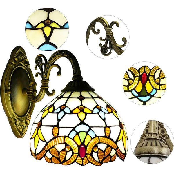 Applique In Stile Tiffany - Lampada Da Parete - Paralume In Vetro Colorato - Vintage Antico - Illuminazione Interna - Decorazione-image