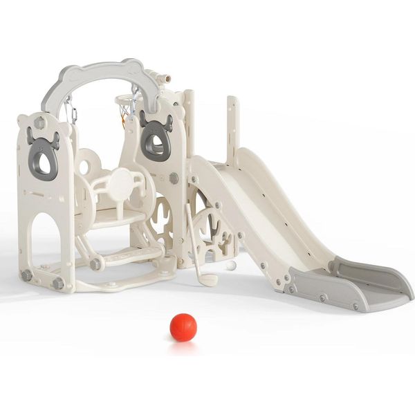 Set Da Gioco 6 In 1 Per Bambini Piccoli - Scivolo E Altalena Da Interno - Canestro Da Basket, Struttura Per Arrampicata, Telescopio, Spazio Di Stoccaggio, Dai 3 Anni In Su, Plastica - Grigio Chiaro-image