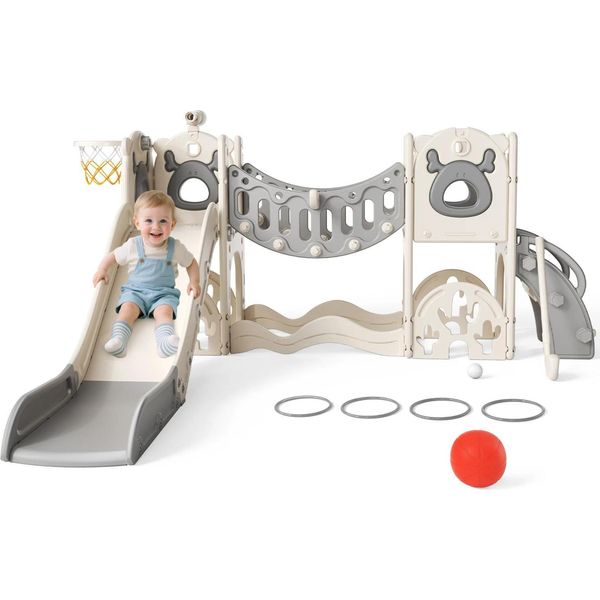 Set Scivolo Per Bambini - Struttura Per Arrampicata E Scivolo 7 In 1 - Per Bambini Piccoli - Interno/Esterno - Autoportante - Plastica - Grigio Chiaro-image