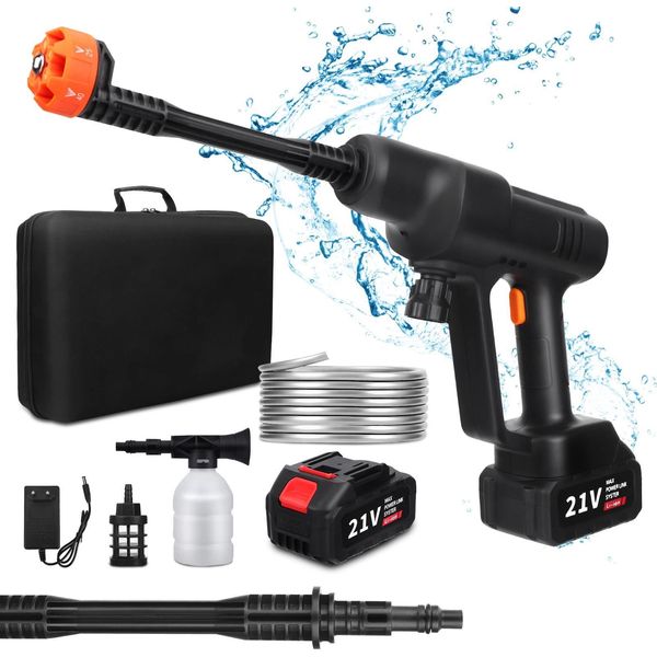 Idropulitrice Portatile - Alimentazione A Batteria - Ugello 6 In 1 - Tubo Flessibile Da 5 M - 2 Batterie Da 2500 Mah - Arancione-image