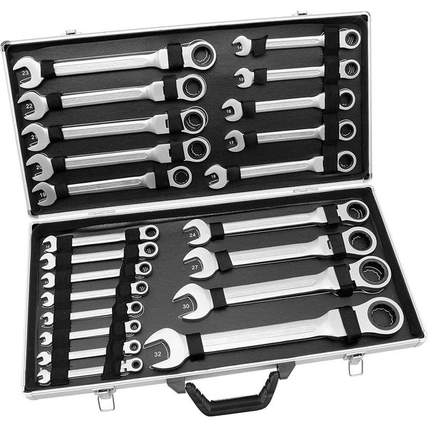 Set Di Chiavi A Cricchetto - Chiavi Combinate Articolate - Dimensioni 6-32 Mm - Set Da 22 Pezzi - Acciaio Al Cromo-Vanadio - Argento-image