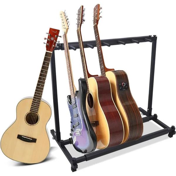 Supporto Per Chitarre - Rack Multiplo A 5 Posti - Modello Da Pavimento - Per Chitarre Acustiche, Western Ed Elettriche - Supporti Gommati - Nero-image