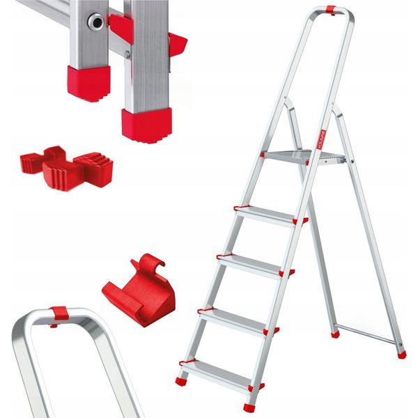 Edilizia | Scala Domestica In Alluminio - 5 Gradini - Carico Massimo 125 Kg - Pieghevole - Set Ganci E Fermi In Omaggio-image