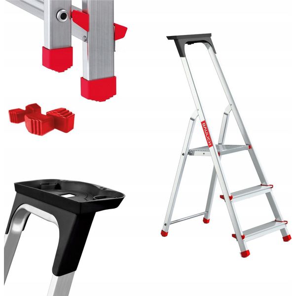 Edilizia | Scala Domestica In Alluminio - 3 Gradini - Carico Massimo 125 Kg - Con Ripiano - Tappi Gratuiti-image