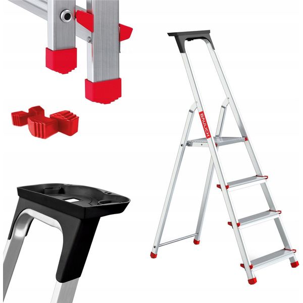 Costruzione | Scala In Alluminio - 4 Gradini - Carico Massimo 125 Kg - Con Ripiano - Tappi Gratuiti-image