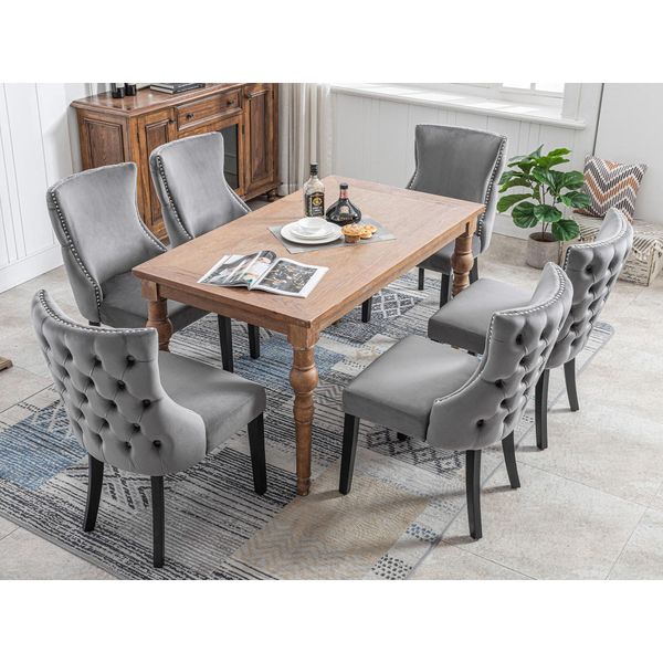 Fortuna Lai Sedia A 4 Gambe, Sedia Grigia In Velluto Per Sala Da Pranzo, Con Trapuntatura A Bottoni, Struttura In Legno Massello, Grigia (Set Da 6)-image