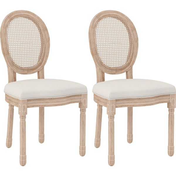Fortuna Lai Sedie Da Pranzo Set Di 2 Sedie Da Cucina Con Schienale, Effetto Lino E Rattan, Gambe In Legno, Bianco Crema-image