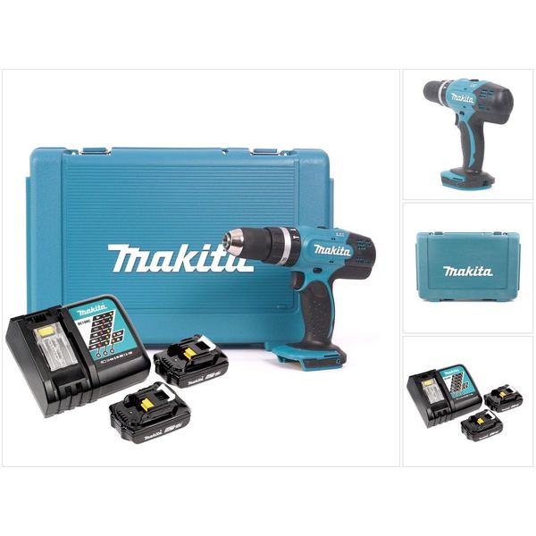 Makita Dhp 453 Raj Avvitatore A Percussione A Batteria 18 V 42 Nm + 2 Batterie Da 2,0 Ah + Caricabatteria + Valigetta-image