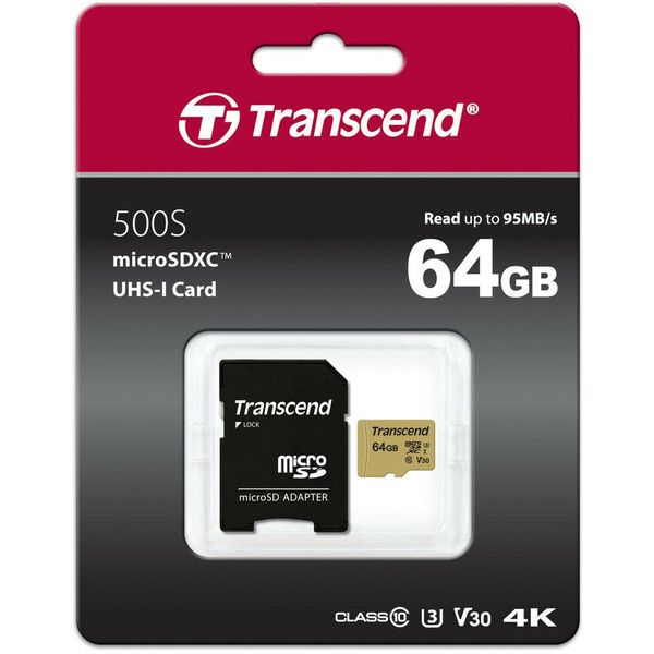 Transcend Microsdxc 500S 64GB Classe 10 UHS-I U3 V30 + Adattatore-image