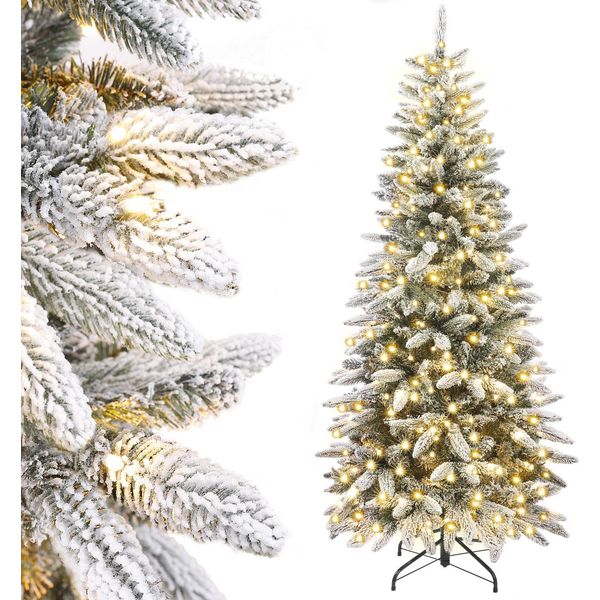 Yorbay 180/210Cm Albero Di Natale Artificiale Slim Con Illuminazione Led Albero Di Natale Per La Decorazione Di Natale, Neve Floccato, Stretto, Bianco (180Cm)-image