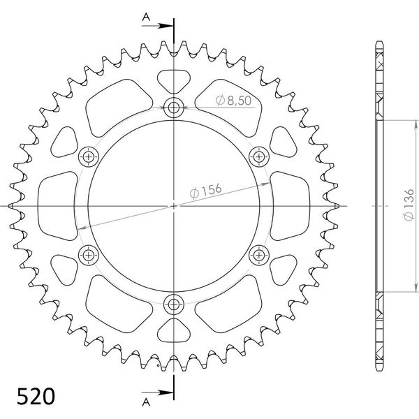 Supersprox Alu-Kettenrad 520 - 52Z (Rot) RAL-1512:52-RED|ID 136,0 Lk 156,0 6-Loch-image