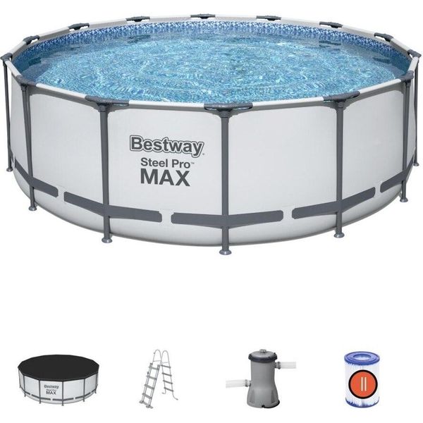 Bestway Steel Pro Max Piscina Gonfiabile Rotonda 427X122 Cm Con Filtro A Cartuccia Da 3.028 L/H, Copertura E Scaletta Blu-image