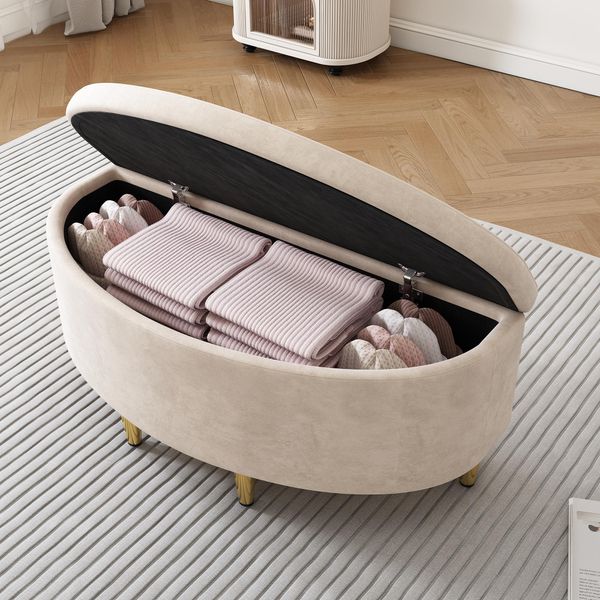 Flieks Panca Imbottita Con Vano Portaoggetti, Sgabello Da Letto Con Gambe In Metallo, Poggiapiedi Con Contenitore, 90X40X42Cm, Beige-image