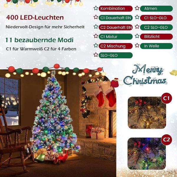 Costway 210Cm Albero Di Natale Artificiale Led, Albero Di Natale Illuminato Con Pigne E Bacche Rosse E Supporto In Metallo, 11 Modalità Di Illuminazione, Albero Di Natale Artificiale In Pvc, Verde-image