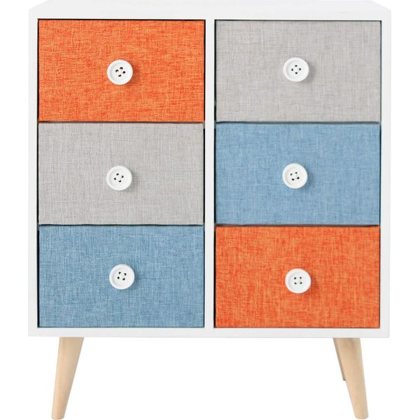 Cassettiera Rebecca Mobili Con Pomelli, 6 Cassetti In Legno E Tessuto, Bianco E Colorato-image