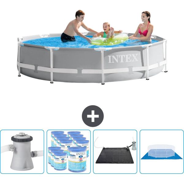 Piscina Intex Round Prism Frame - 305 X 76 Cm - Grigio - Inclusa Pompa - Filtro - Tappetino Solare - Copertura Del Terreno-image