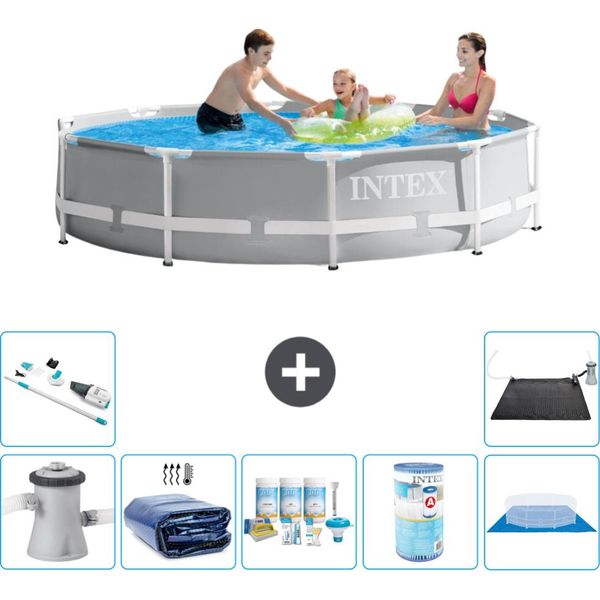 Piscina Intex Round Prism Frame - 305 X 76 Cm - Grigio - Inclusa Pompa - Tenda Da Sole - Pacchetto Manutenzione - Filtro - Telo Di Fondo - Aspirapolvere - Tappeto Solare-image