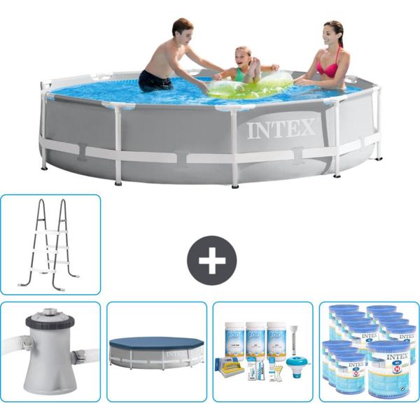 Piscina Intex Round Prism Frame - 305 X 76 Cm - Grigio - Inclusa Copertura Pompa - Pacchetto Manutenzione - Filtro - Scaletta-image