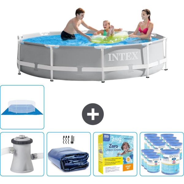 Piscina Intex Round Prism Frame - 305 X 76 Cm - Grigio - Inclusa Pompa - Tenda - Pacchetto Manutenzione - Filtro - Telo Di Fondo-image