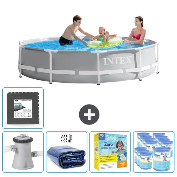 Piscina Intex Round Prism Frame - 305 X 76 Cm - Grigio - Inclusa Pompa - Tenda Da Sole - Pacchetto Manutenzione - Filtro - Pavimento In Piastrelle-image