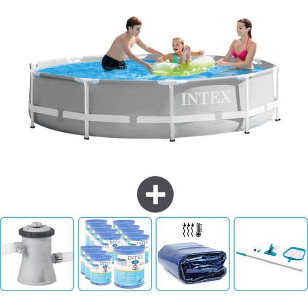 Piscina Intex Round Prism Frame - 305 X 76 Cm - Grigio - Inclusa Pompa - Filtro - Vela Solare - Kit Di Pulizia-image