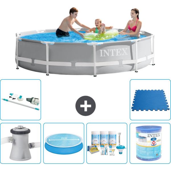 Piscina Intex Round Prism Frame - 305 X 76 Cm - Grigio - Inclusa Pompa - Tenda Da Sole - Pacchetto Manutenzione - Filtro - Aspirapolvere - Piastrelle Per Pavimento-image