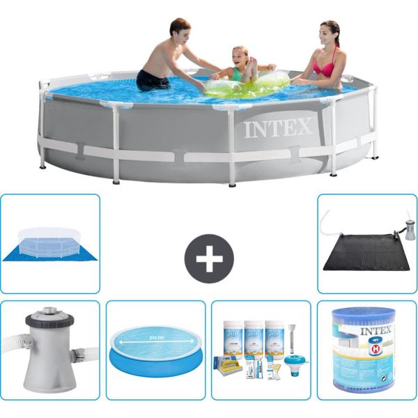 Piscina Intex Round Prism Frame - 305 X 76 Cm - Grigio - Inclusa Pompa - Tenda Da Sole - Pacchetto Manutenzione - Filtro - Telo Di Fondo - Tappeto Solare-image