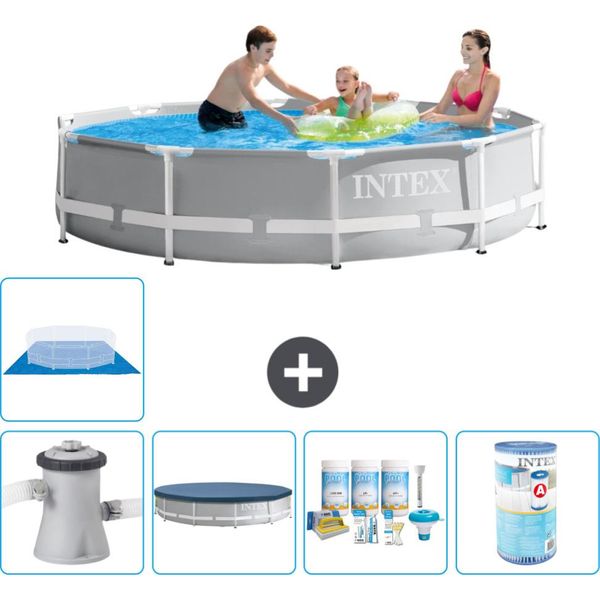 Piscina Intex Round Prism Frame - 305 X 76 Cm - Grigio - Inclusa Copertura Della Pompa - Pacchetto Manutenzione - Filtro - Copertura Del Terreno-image