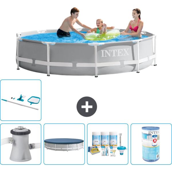 Piscina Intex Round Prism Frame - 305 X 76 Cm - Grigio - Inclusa Copertura Della Pompa - Pacchetto Di Manutenzione - Filtro - Kit Di Pulizia-image