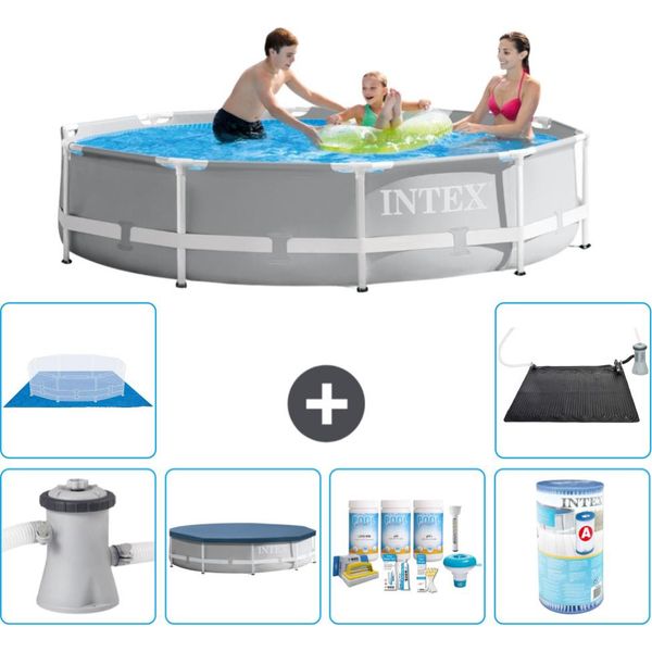 Piscina Intex Round Prism Frame - 305 X 76 Cm - Grigio - Inclusa Copertura Della Pompa - Pacchetto Manutenzione - Filtro - Copertura Del Terreno - Tappetino Solare-image
