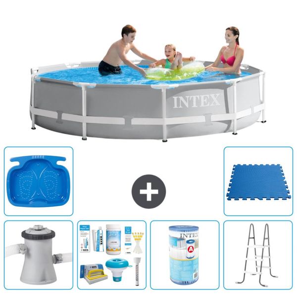 Piscina Intex Round Prism Frame - 305 X 76 Cm - Grigio - Incluso Pacchetto Manutenzione Pompa - Filtro - Scaletta - Pedana - Pavimento In Piastrelle-image