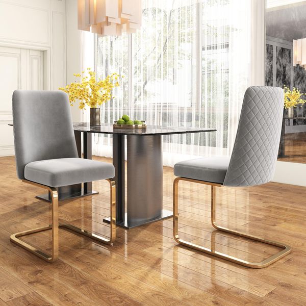 Set Di 2 Sedie A Sbalzo Flieks, Sedie Per Sala Da Pranzo Con Gambe In Metallo Dorato, Sedie Imbottite Con Rivestimento In Velluto, Sedie Da Cucina Sedie Da Soggiorno, Grigio-image