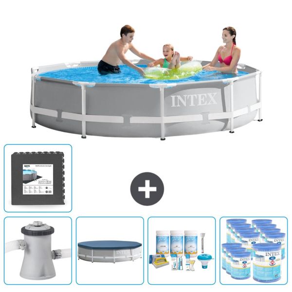 Piscina Intex Round Prism Frame - 305 X 76 Cm - Grigio - Inclusa Copertura Della Pompa - Pacchetto Manutenzione - Filtro - Piastrelle Per Il Pavimento-image