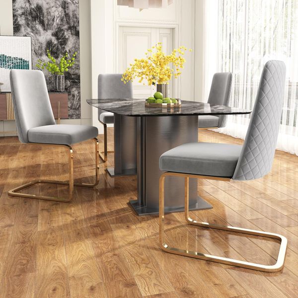 Set Di 4 Sedie A Sbalzo Flieks, Sedie Per Sala Da Pranzo Con Gambe In Metallo Dorato, Sedie Imbottite Con Rivestimento In Velluto, Sedie Da Cucina Sedie Da Soggiorno, Beige-image
