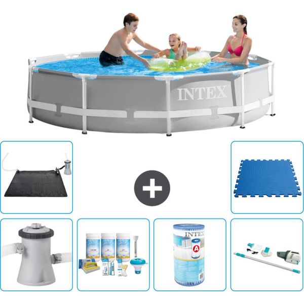 Piscina Intex Round Prism Frame - 305 X 76 Cm - Grigio - Incluso Pacchetto Manutenzione Pompa - Filtro - Aspirapolvere - Tappetino Solare - Pavimento In Piastrelle-image