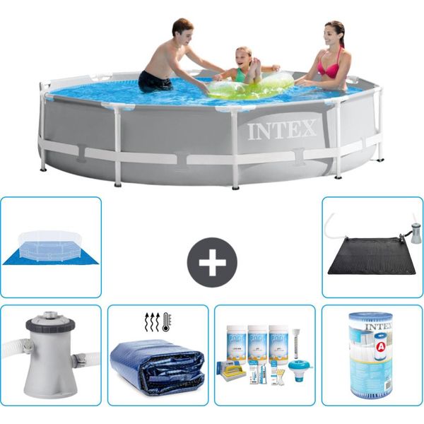 Piscina Intex Round Prism Frame - 305 X 76 Cm - Grigio - Inclusa Pompa - Tenda Da Sole - Pacchetto Manutenzione - Filtro - Telo Di Fondo - Tappeto Solare-image