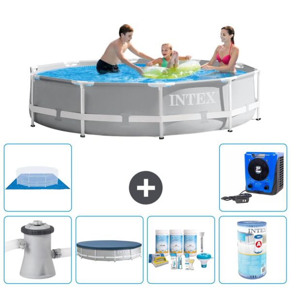Piscina Intex Round Prism Frame - 305 X 76 Cm - Grigio - Inclusa Copertura Della Pompa - Pacchetto Manutenzione - Filtro - Copertura Del Terreno - Pompa Di Calore-image