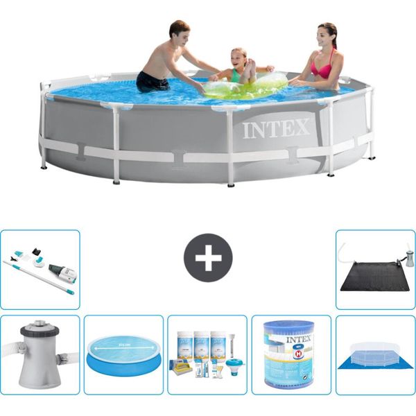 Piscina Intex Round Prism Frame - 305 X 76 Cm - Grigio - Inclusa Pompa - Tenda Da Sole - Pacchetto Manutenzione - Filtro - Telo Di Fondo - Aspirapolvere - Tappeto Solare-image