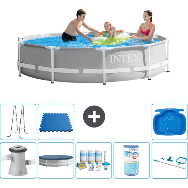 Piscina Intex Round Prism Frame - 305 X 76 Cm - Grigio - Inclusa Copertura Della Pompa - Pacchetto Di Manutenzione - Filtro - Kit Di Pulizia - Scaletta - Pediluvio-image