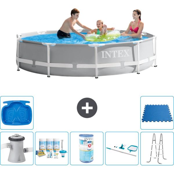 Piscina Intex Round Prism Frame - 305 X 76 Cm - Grigio - Incluso Pacchetto Di Manutenzione Della Pompa - Filtro - Kit Di Pulizia - Scaletta - Pedana - Pavimento In Piastrelle-image