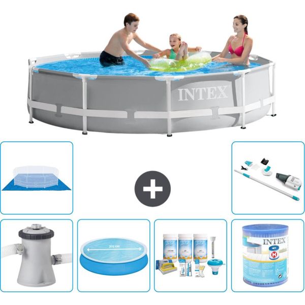 Piscina Intex Round Prism Frame - 305 X 76 Cm - Grigio - Inclusa Pompa - Tenda Da Sole - Pacchetto Manutenzione - Filtro - Telo Di Fondo - Aspirapolvere-image