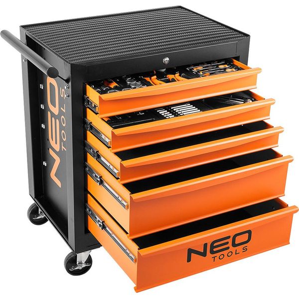 Neo Tools Carrello Da Officina Con 117 Utensili | 5 Scomparti - Cassetti Con Cuscinetti A Sfera - Chiusura Centralizzata - Tappetino Antiscivolo-image