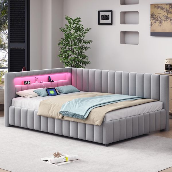 Letto Imbottito Flieks 140X200Cm Con Usb E Led, Divano Letto Divano Letto Con Rete A Doghe, Daybed Letto Funzionale Letto Matrimoniale, Velluto, Grigio Chiaro-image