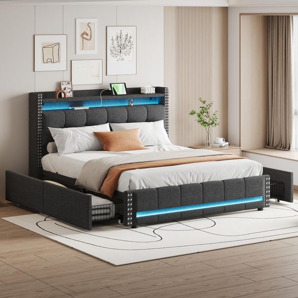 Letto Imbottito Flieks 160X200Cm Con Funzione Di Ricarica (Usb E Presa), Letto Contenitore Con 4 Cassetti, Letto Per Ragazzi Letto Matrimoniale Con Led, Biancheria Da Letto In Legno, Grigio-image