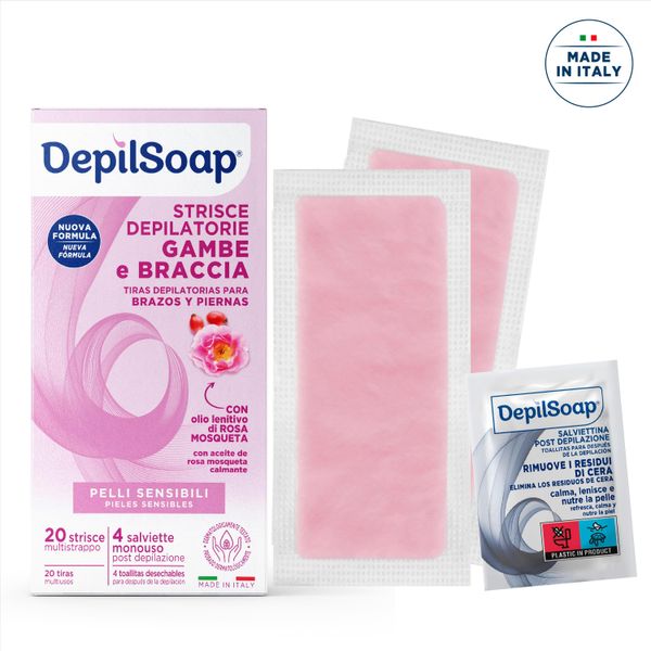 Depilsoap® - Strisce Depilatorie Viso – Indicato Per Pelli Sensibili – 20 Strisce Depilatorie E 4 Salviettine Post-Depilazione – Formula Arricchita Con Olio Di Rosa Mosqueta E Burro Di Karitè-image