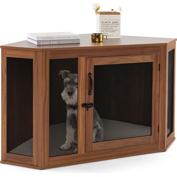 Gabbia Per Cani Ad Angolo Costway, Cuccia Per Cani Con Porta E Cuscino, Stile Di Arredamento Della Cassa Per Cani Di Piccola Taglia, Gabbia Per Animali Domestici Per Piccoli Spazi, Casa Per Cani, Casa Per Animali Domestici, Marrone-image
