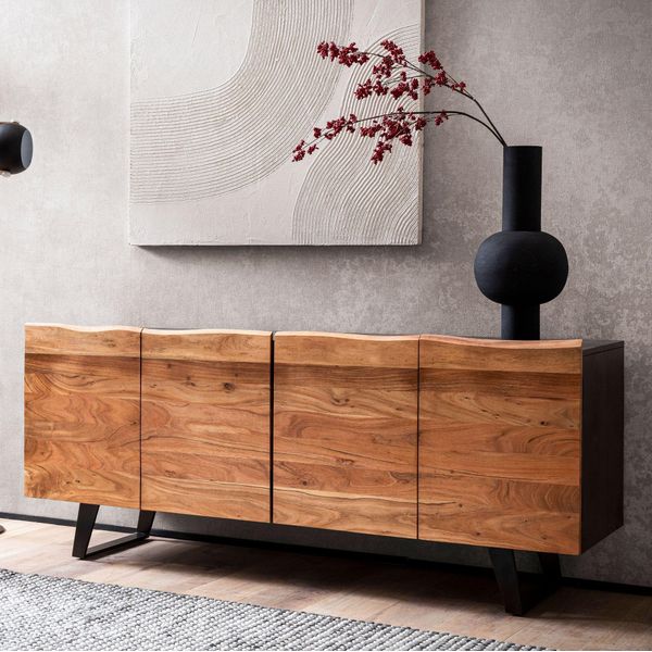 Finebuy Credenza In Legno Massello Di Acacia 180 Cm 4 Ante - Comò Retrò Massiccio Con Bordo Naturale - Credenza Dal Design Naturale - Artigianato Industriale-image