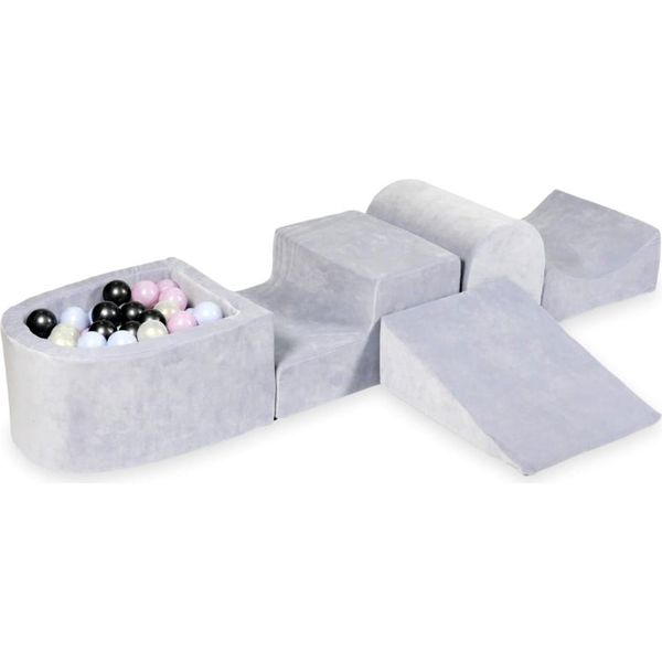 Parco Giochi In Schiuma Con Collina E Piscina, Micro Velvet Soft, Grigio Chiaro + 100 Palline: Blu Perla, Rosa Perla, Grafite Metallizzata, Opalescente-image