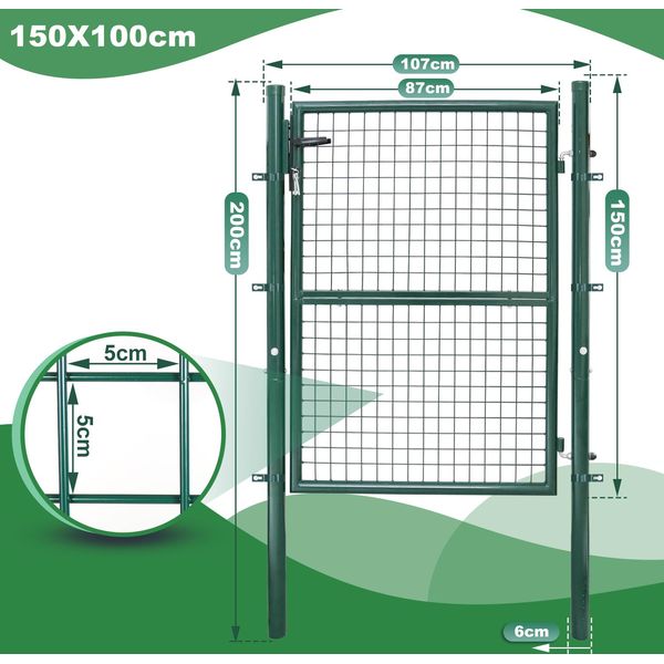 Jayseuw Cancello Da Giardino 150 X 100 Cm Cancello Da Giardino In Acciaio Zincato Con Serratura, Cancello Da Giardino Recinto Incl. Serratura Porta, Cancello, Cancello Recinto, Porta Recinto, Porta Giardino, Recinto Giardino Verde-image